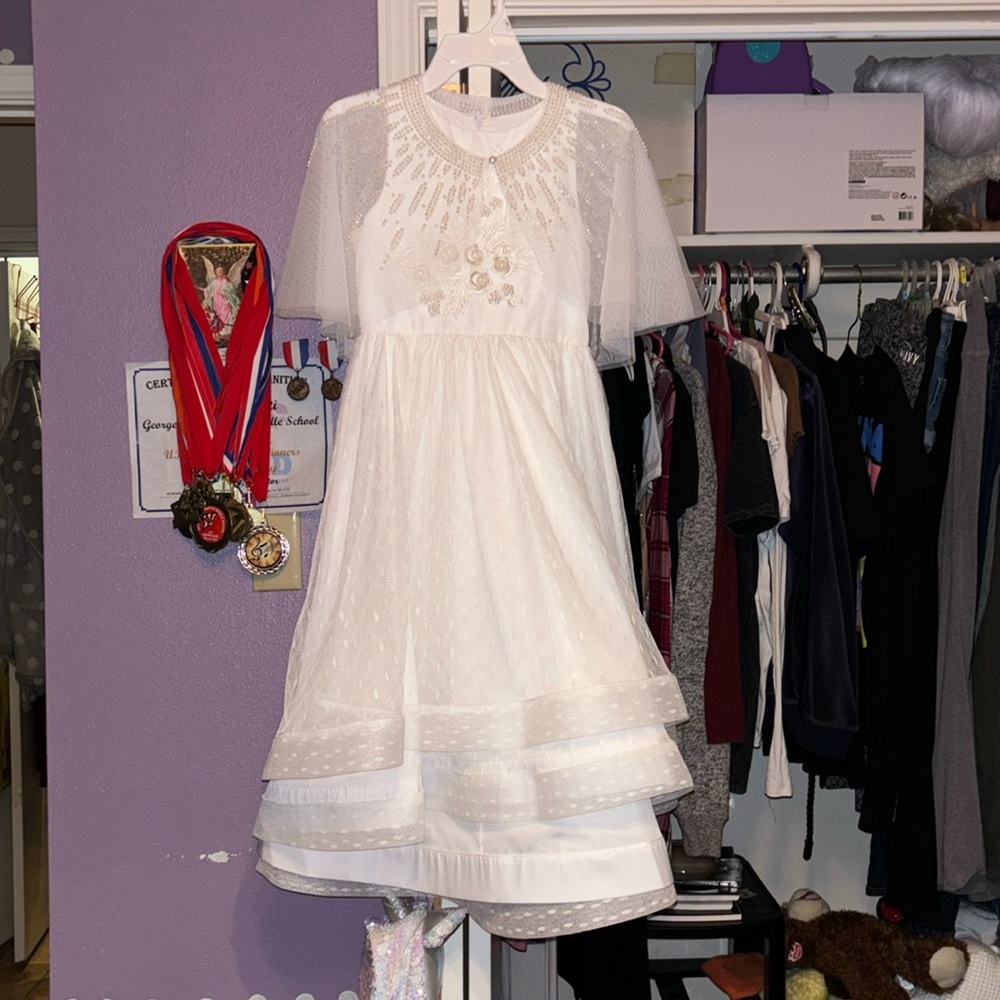 Girls white party dress and over the shoulder cape with pearls